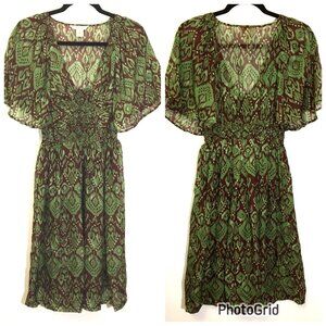 Sundance Green Brown Silk Dress Fairycore Festival Boho Ethereal Feminine (T10)